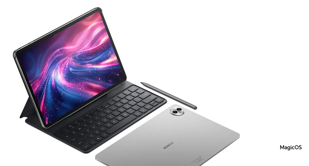 Tablet HONOR z klawiaturą w trybie laptopa, ekran z kolorową abstrakcyjną grafiką.