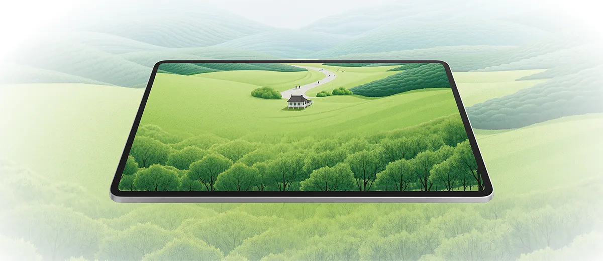 Tablet z dużym ekranem 12,1 cala wyświetlający krajobraz z zielonymi polami.