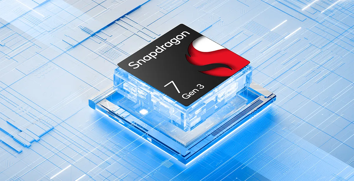 Układ Snapdragon 7 Gen 3 przedstawiony jako procesor na niebieskiej płycie.