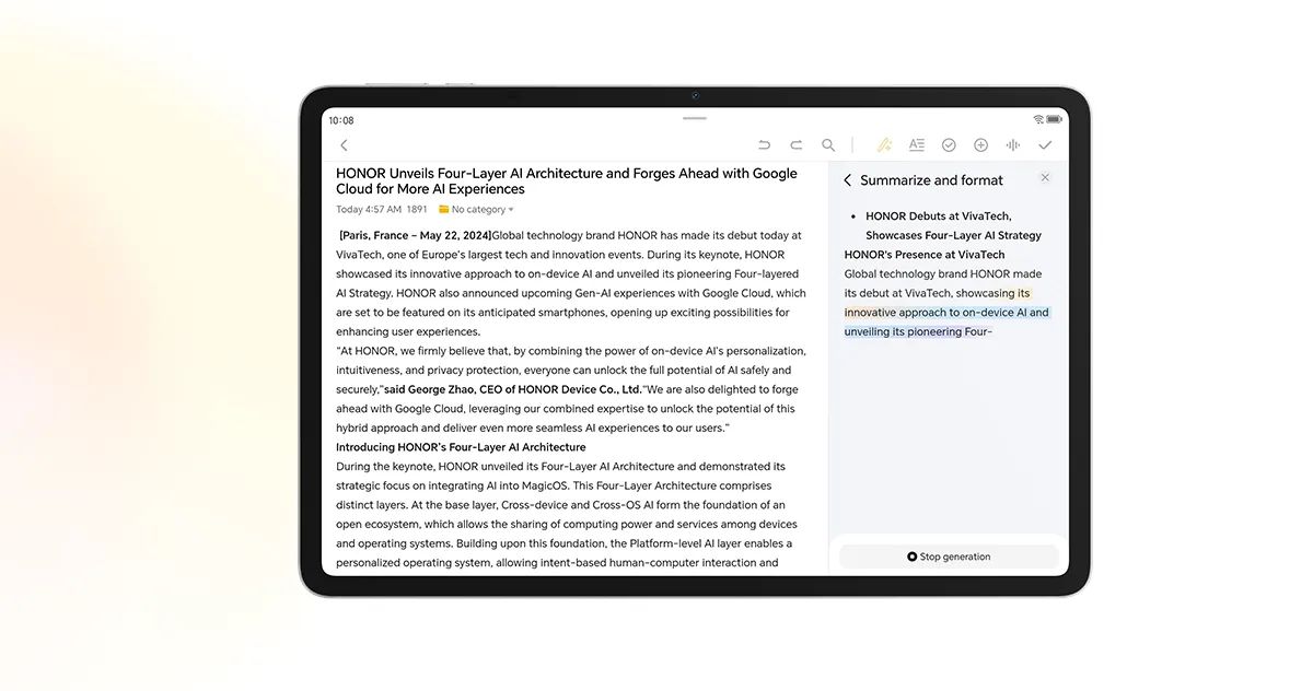 Tablet wyświetlający dokument tekstowy w trybie poziomym.
