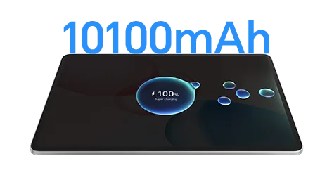 Tablet z informacją o baterii 10100 mAh, symbol długiego czasu pracy.