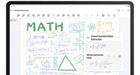 Ekran tabletu z notatkami i wzorami matematycznymi, funkcje AI do pracy i nauki.