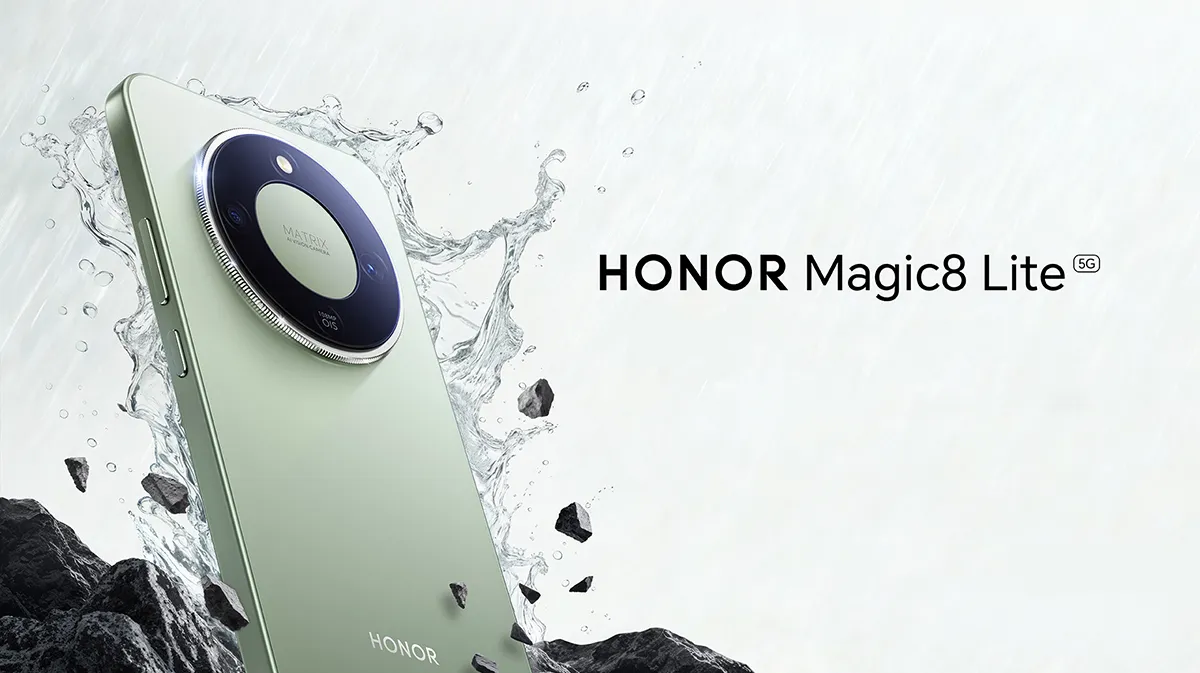 Zielony smartfon HONOR Magic 8 Lite uderzający o skały