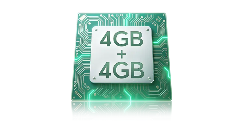 Grafika układu pamięci pokazująca 8 GB RAM oraz 128 GB pamięci wewnętrznej z opcją rozszerzenia