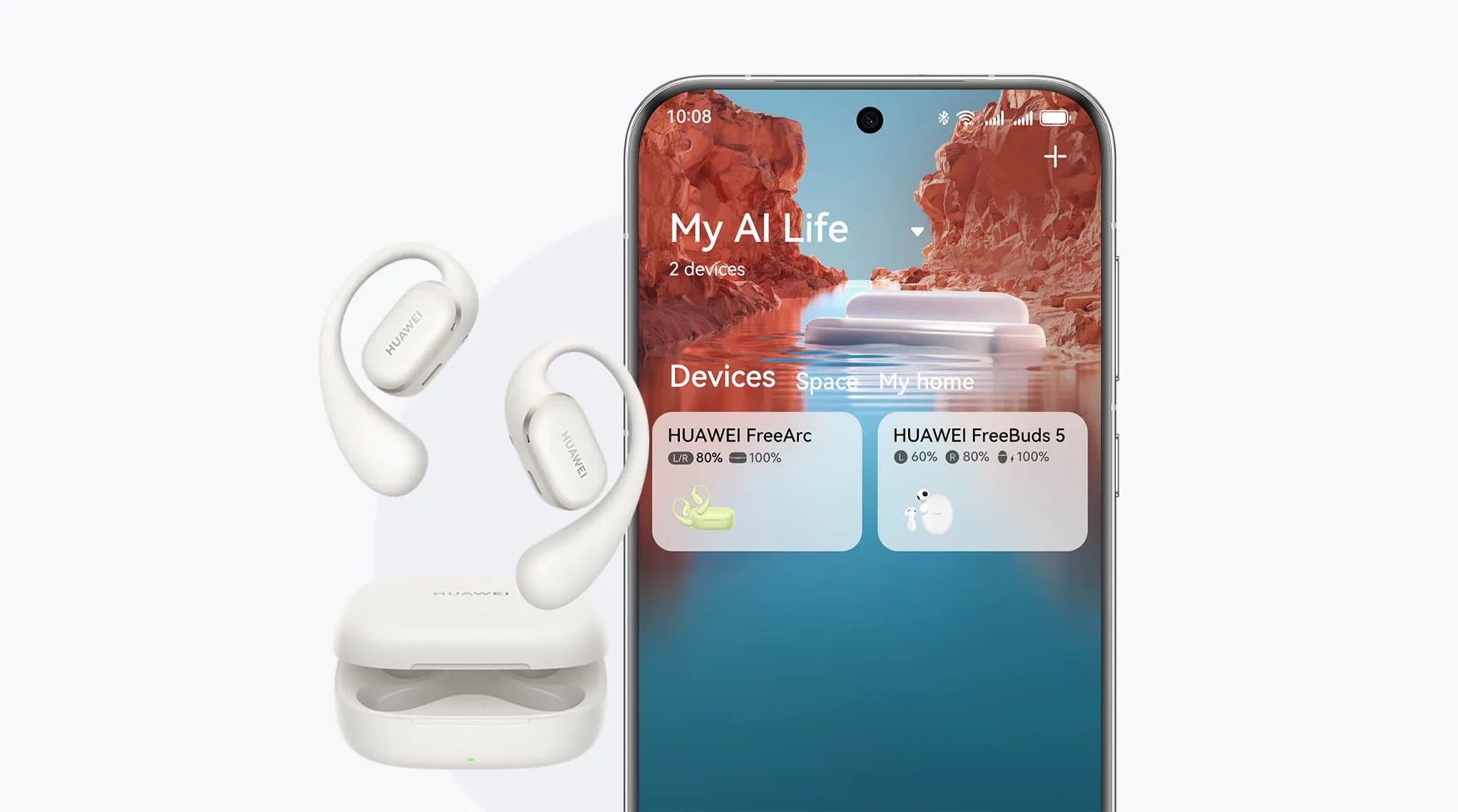 Etui ze słuchawkami Huawei obok smartfona z aplikacją mobilną wyświetlającą ustawienia i funkcje słuchawek.