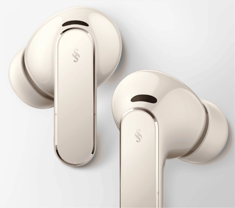 Piaskowe słuchawki Huawei FreeBuds Pro 5 z charakterystycznym diamentowym szlifem i logo HUAWEI SOUND