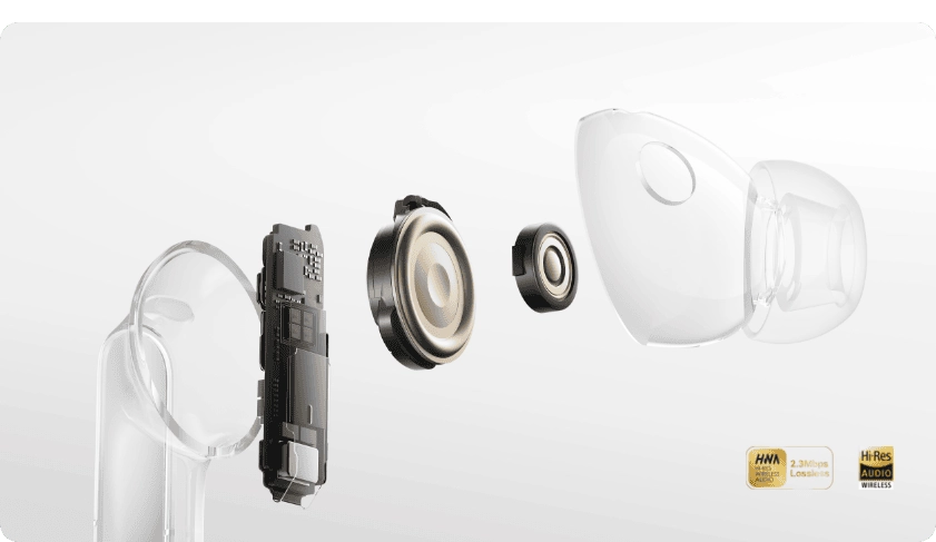 Słuchawka Huawei FreeBuds Pro 5 rozebrana na części obudowy, elektroniczne i douszne, obok loga HWA i Hi-Res Audio Wireless
