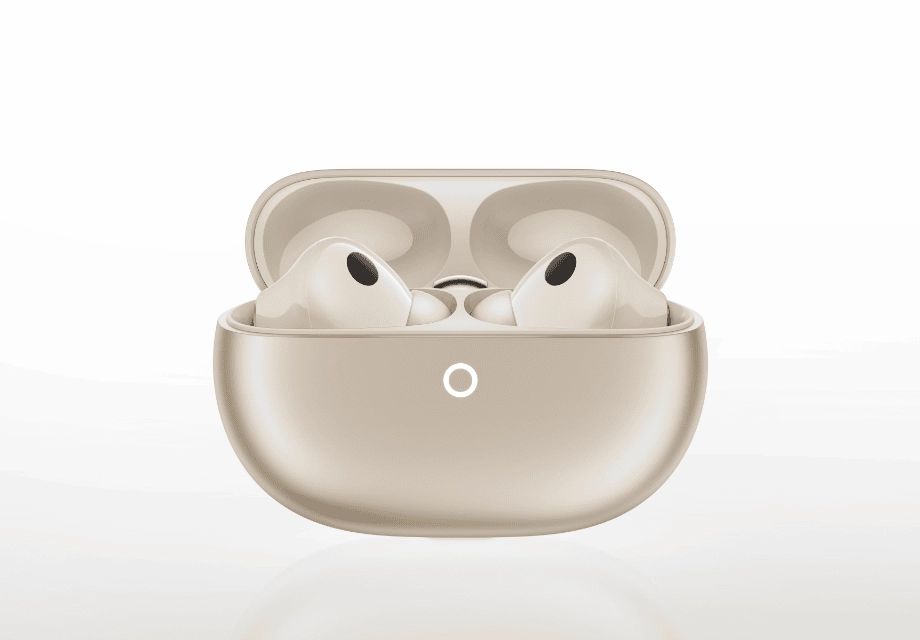 Para słuchawek Huawei FreeBuds Pro 5 umieszczonych w piaskowym etui ładującym z białą, centralnie umieszczoną diodą.