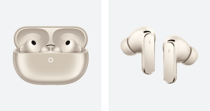 Słuchawki Huawei FreeBuds Pro 5 umieszczonych w piaskowym etui ładującym i obok para słuchawek bez etui