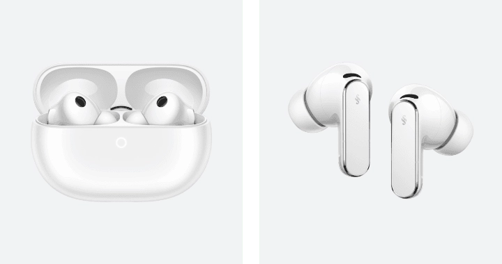 Para białych słuchawek Huawei FreeBuds Pro 5 umieszczonych w białym etui ładującym, druga para obok luzem