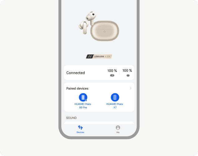Na ekranie smartfona wyświetla się piaskowe etui ładujące wraz ze słuchawkami Huawei FreeBuds Pro 5