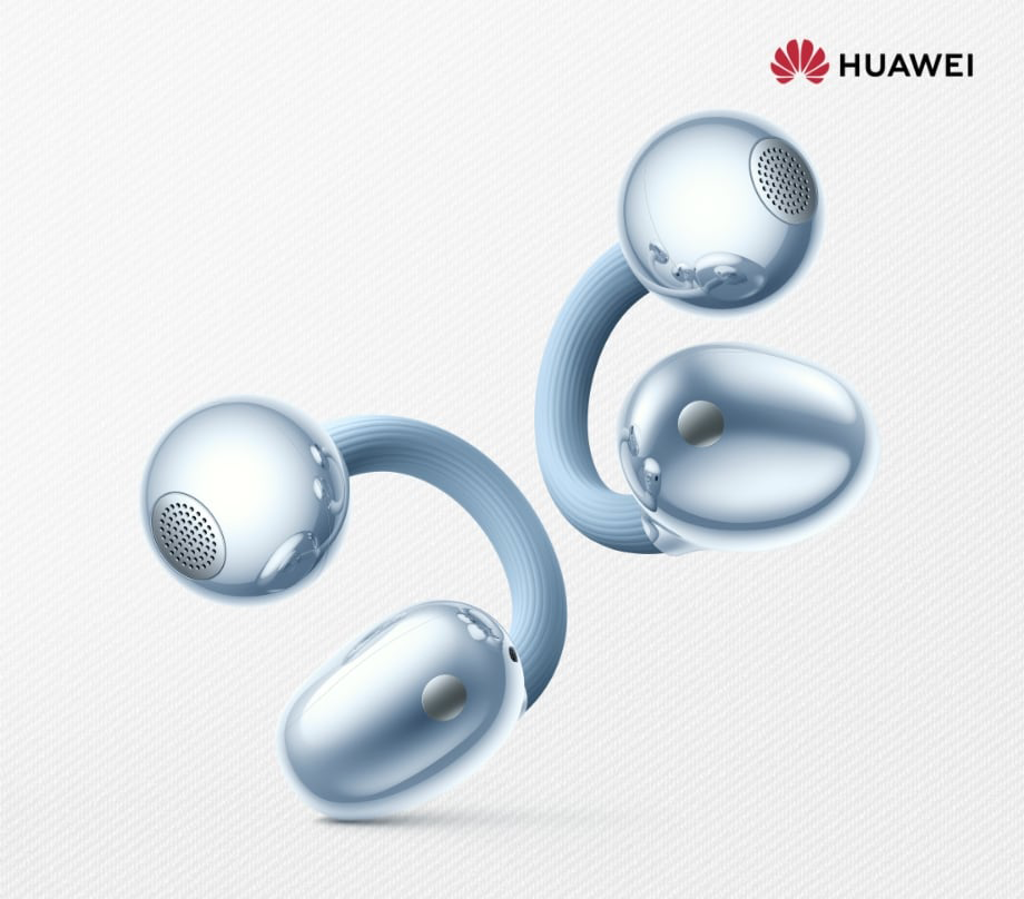Para słuchawek dousznych FreeClip 2 w kolorze niebieskim, logo Huawei w górnym prawym rogu