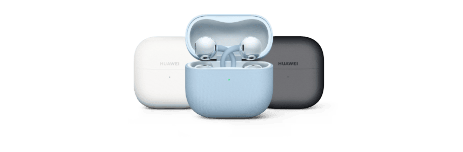 Niebieskie słuchawki douszne Huawei FreeClip2 w etui ładującym, w tle etui ładujące w kolorze białym i czarnym
