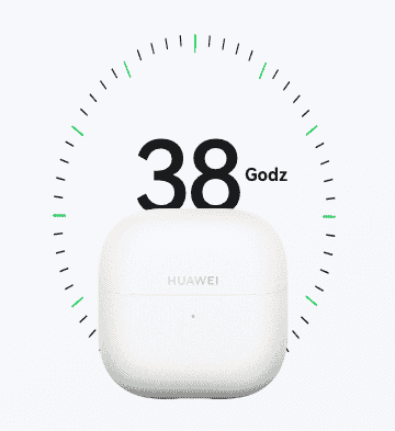 Białe etui ładujące z napisem Huawei na tle podziałki tarczy zegarowej i symbolu 38h