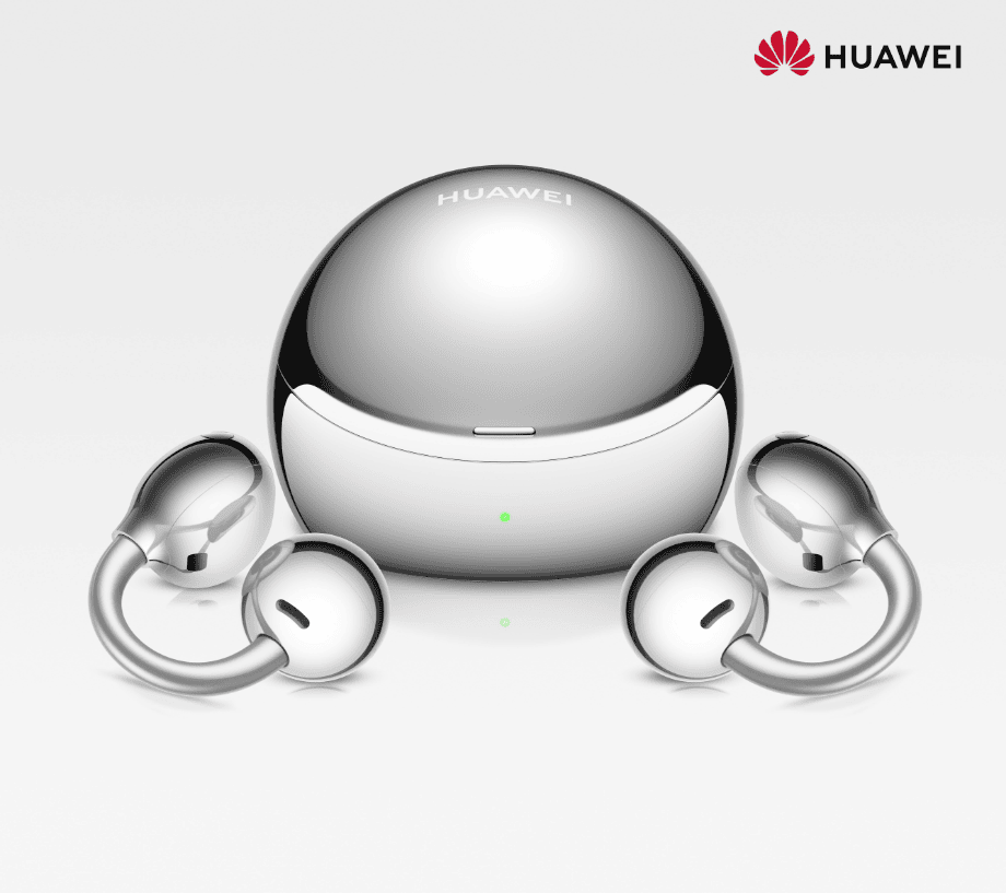 Para srebrnych słuchawek HUAWEI FreeClips 2 S wraz ze srebrną obudową ładującą w lśniącym wykończeniu.