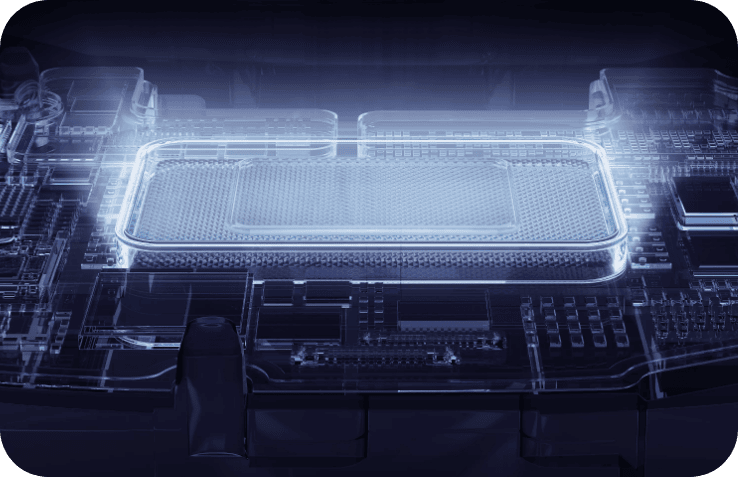Grafika układu elektronicznego, z centralnie umieszczonym prostopadłościennym elementem emitującym białą poświatę.