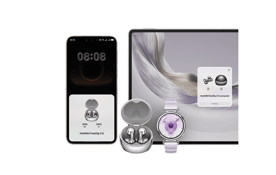 Ekran smartfona i tabletu, przed nimi słuchawki HUAWEI FreeClip 2 S w obudowie i różowy zegarek z serii HUAWEI Watch GT