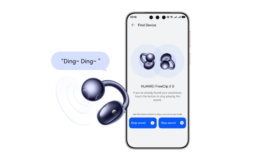 Ekran smartfona wyświetla parę słuchawek HUAWEI FreeClip 2 S, przed nim ta słuchawka z grafiką emitowanej fali dźwiękowej.