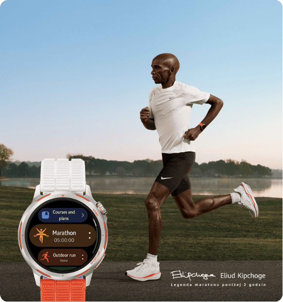 Legendarny maratończyk Eliud Kipchoge w trakcie biegu, obok zegarek HUAWEI Watch Gt Runner 2 wyświetla aplikację maratonu