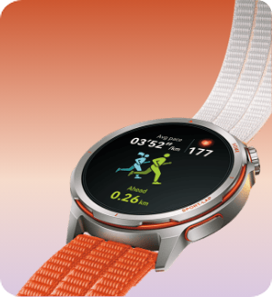 Zegarek HUAWEI Watch Gt Runner 2 z pomarańczowym paskiem. Ekran wyświetla aplikację biegową