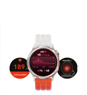 Zegarek HUAWEI Watch Gt Runner 2 wyświetla wykres i liczby, obok inne tracze zegarka z aplikacjami monitorującymi pracę serca