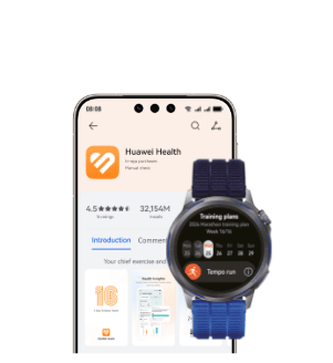 Niebieski zegarek HUAWEI Watch Gt Runner 2, za nim ekran smartfona wyświetla logo aplikacji HUAWEI ZDROWIE