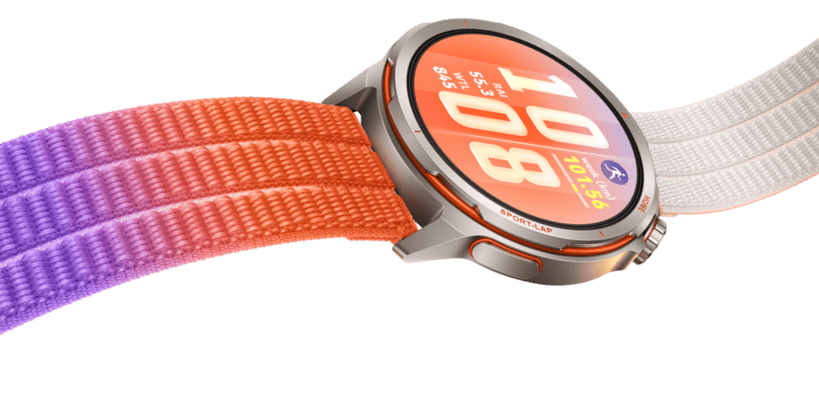 Zegarek HUAWEI Watch Gt Runner 2 z tytanową kopertą i pomarańczowym, tkanym paskiem, ekran wyświetla godzinę i ikonę biegacza