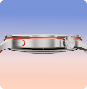 Boczna krawędź tytanowej koperty wraz z precyzyjnie wykonaną koronką zegarka HUAWEI Watch Gt Runner 2