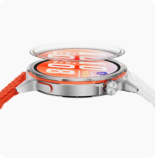 Koperta zegarka HUAWEI Watch Gt Runner 2, nad nią tafla szkła Kunlun chroniąca ekran.