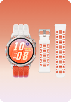 Zegarek HUAWEI Watch Gt Runner 2 z jasnoszarą, tytanową kopertą i pomarańczowym tkanym paskiem, obok biały pasek elastomerowy