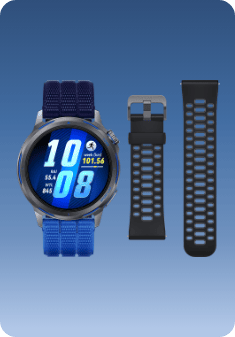 Zegarek HUAWEI Watch Gt Runner 2 z ciemnoszarą, tytanową kopertą i niebieskim, tkanym paskiem, obok czarny pasek elastomerowy