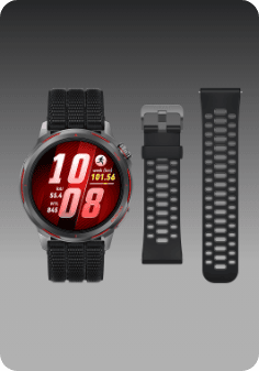 Zegarek HUAWEI Watch Gt Runner 2 z ciemnoszarą, tytanową kopertą i czarnym, tkanym paskiem, obok czarny pasek elastomerowy