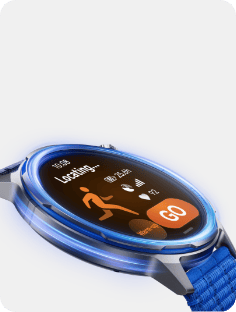 Zegarek HUAWEI Watch Gt Runner 2 z niebieską kopertą i paskiem. Ekran wyświetla aplikację biegową
