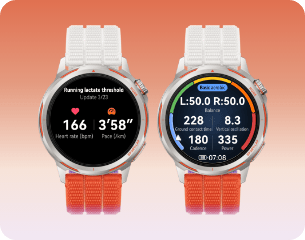 Dwa zegarki HUAWEI Watch Gt Runner 2 na ekranach aplikacje wyświetlające parametry liczbowe