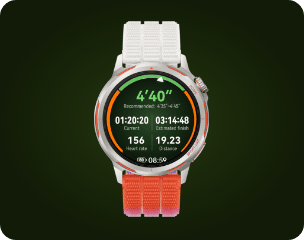 Zegarek HUAWEI Watch Gt Runner 2 z pomarańczowym paskiem, wyświetla parametry liczbowe i kolorowy pierścień z markerem