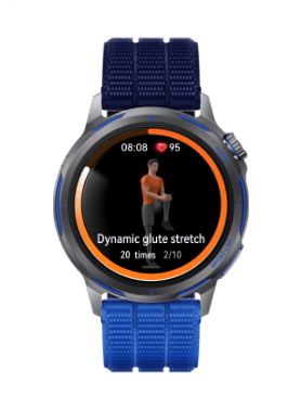 Ekran zegarka HUAWEI Watch Gt Runner 2 wyświetla posturę człowieka w trakcie rozciągania, pomarańczowy pierścień oraz liczby