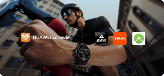 Kolarz jadący ulicami miasta ma na ręku zegarek HUAWEI Watch Gt Runner 2 obok loga 4 znanych aplikacji sportowo-treningowych