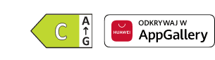 Znak klasy energetycznej C i logo Odkrywaj w AppGallery