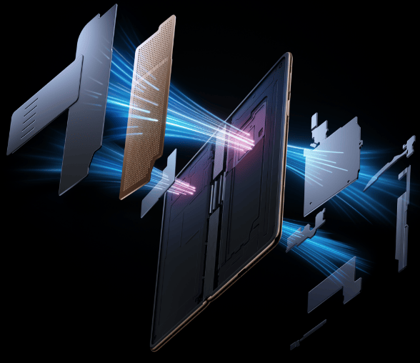 Model otwartego smartfona Huawei Mate X7 z wyodrębnionymi częściami mechanizmu i obudowy, przenikają przez nie błękitne fale