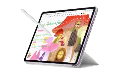 Tablet z kolorowym rysunkiem na ekranie i rysikiem