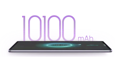 Tablet z widocznym poziomem naładowania na tle napisy 10100 mAh