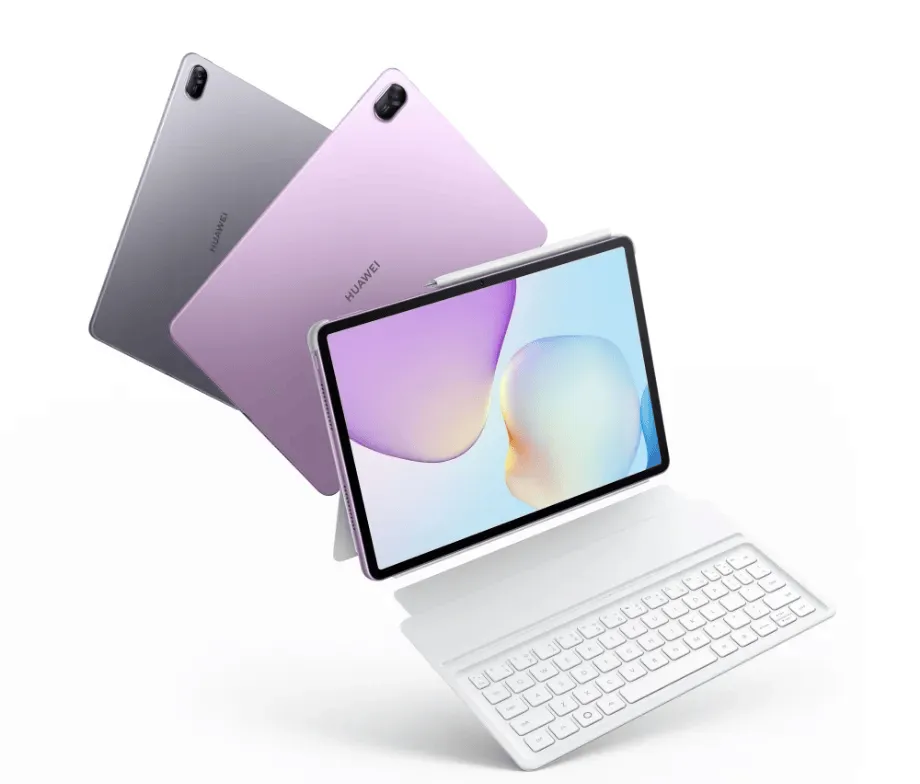 Tablet Huawei w kolorze fioletowym isrebrnym z klawiaturą i rysikiem