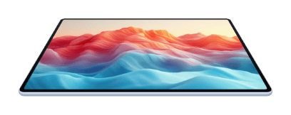 Na ekranie tabletu Huawei MatePad Air wyświetlane są kolorowe, niebiesko-czerwone fale w kształcie gór.