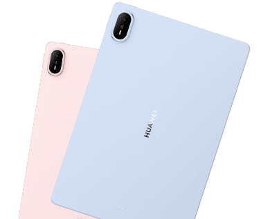 Dwa tablety Huawei MatePad Air tyłem w kolorze niebieskim i różowym, z widocznym obiektywem aparatu.