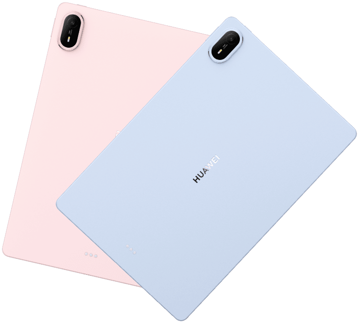 Tylne ściany dwóch tabletów Huawei MatePad Air, różowego i niebieskiego, ułożonych jeden na drugim, z widocznymi obiektywami