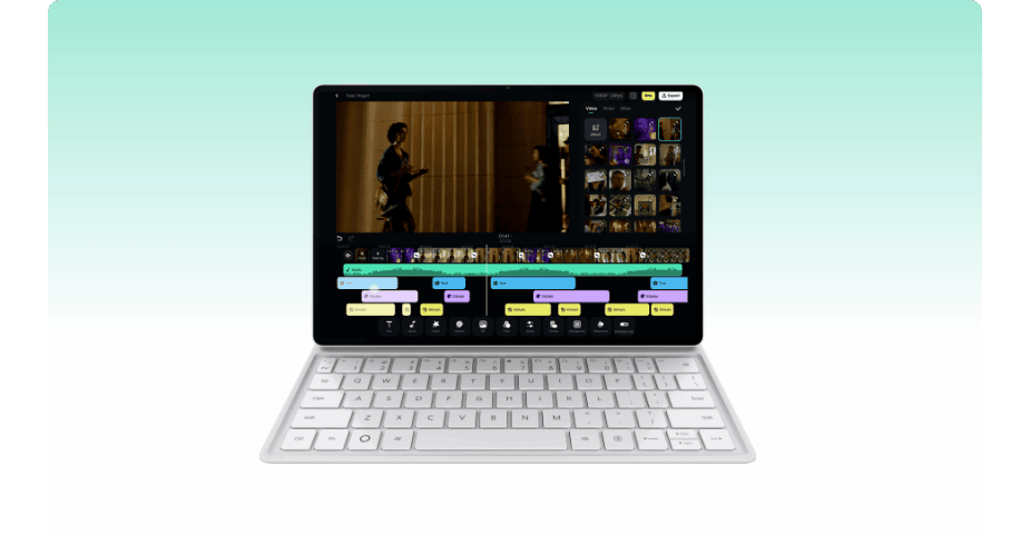 Tablet Huawei MatePad Air z dołączoną klawiaturą i uruchomioną aplikacją do edytowania plików video.