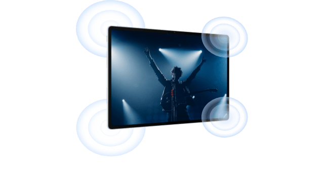 Na ekranie tabletu Huawei MatePad Air muzyk na scenie z uniesionymi rękoma. W rogach urządzenia cztery okrągłe pola fal.