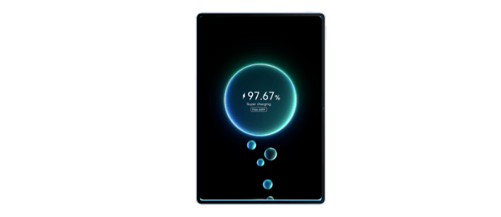 Ciemny ekranie tabletu Huawei MatePad Air wyświetla duży okrąg z danymi procentowymi i mniejsze bąble pokazujące ładowanie.