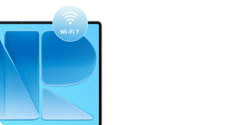 Fragment ekrany tabletu Huawei MatePad Air z niebieską grafiką, w rogu logo systemu łączności „Wi-Fi7”.
