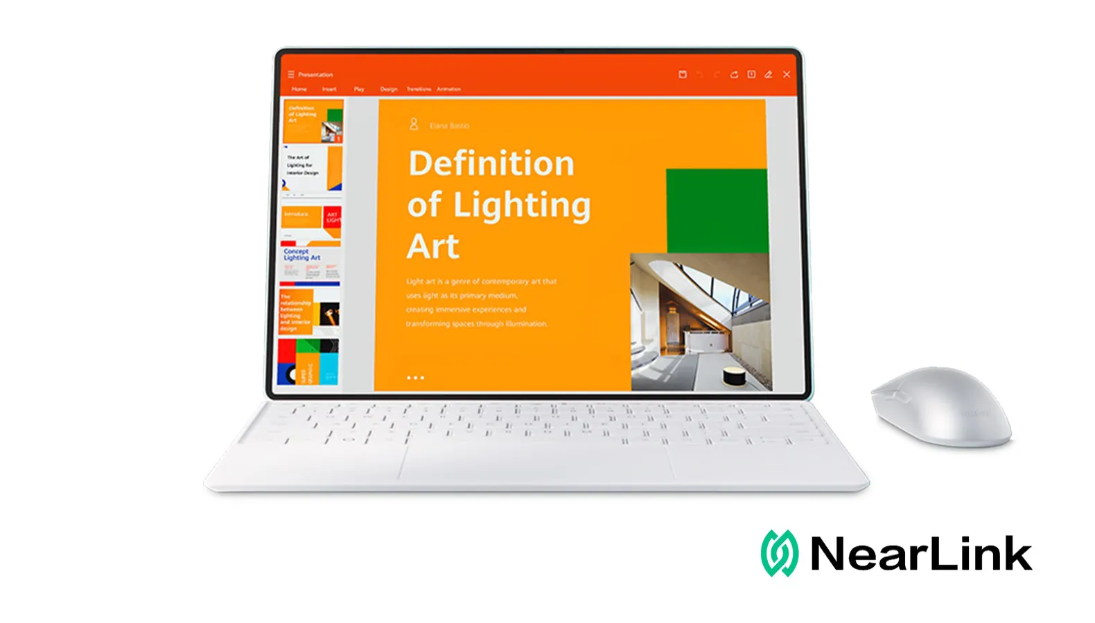 Tablet HUAWEI MatePad z klawiaturą i myszką, na ekranie prezentacja Definition of Lighting Art, logo NearLink w prawym dolnym rogu